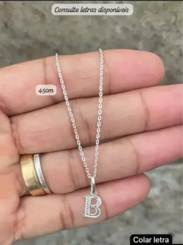 Colar com pingente de letra Prata 45cm Prata 925 legítima 