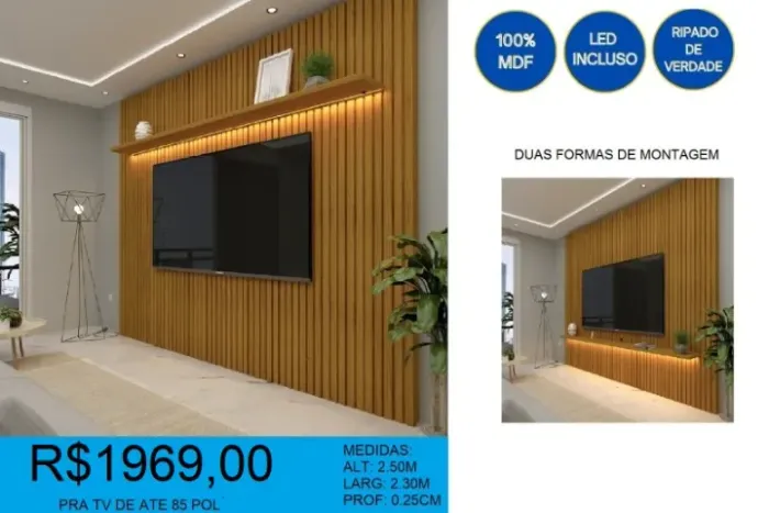 Painel 2,30M com ripas autenticas 100% MDF - Entrega e montagem grátis