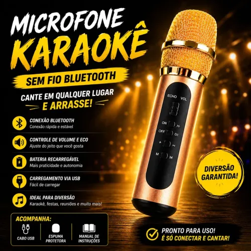 Microfone Karaokê Bluetooth Sem Fio - Recarregável