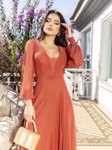 Vestido terracota manga longa madrinha festa tecido Tule liso com forro 38/42