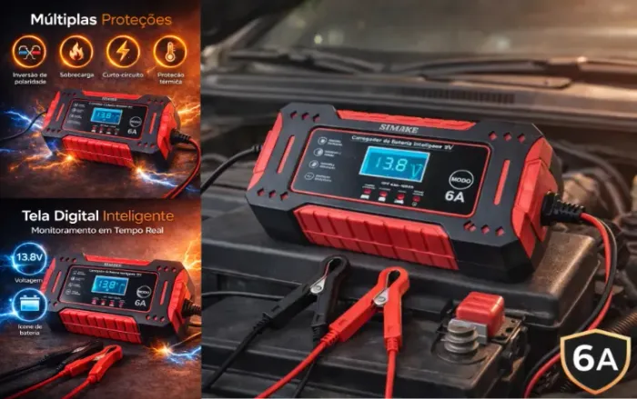 Carregador de Bateria Simake 6A Bivolt, para Carros, Motos e Caminhões!!