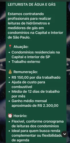 VAGA LEITURISTA MASCULINA 