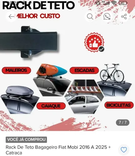 Bagageiro rack de teto Fiat Mobi 2016 a 2025 + catraca