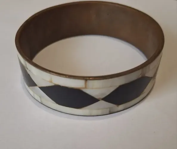 BRACELETE VINTAGE ANOS 80 EM METAL BRONZE E MADREPÉROLA - DESIGN GEOMÉTRICO