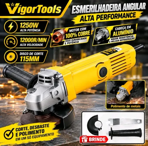 Esmerilhadeira Angular Lixadeira, 1250W, 115MM, 12000 RPM, 110 Volts, Peças Calibre M114.