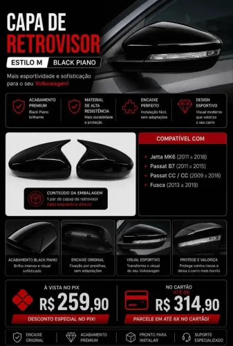 Capa de Retrovisor Estilo M Black Piano - Volkswagen