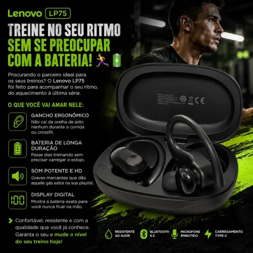 fone Bluetooth Lenovo ideal para prática de exercícios como outras atividades ao ar livre
