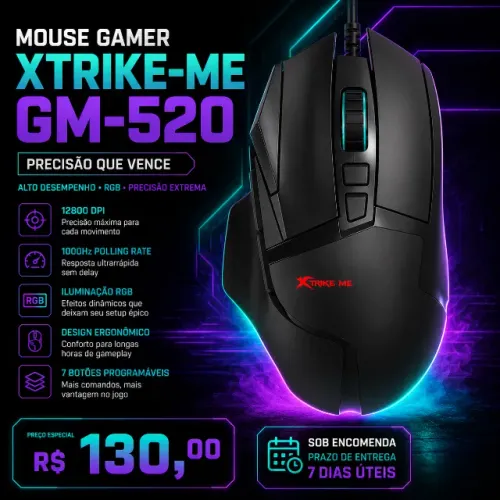 Mouse Gamer Xtrike-ME GM-520 RGB 12800dpi 1000Mhz