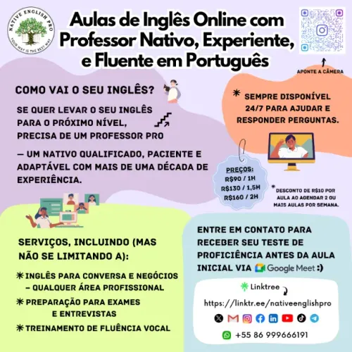 Professor de Inglês Nativo Online (16 Anos de Experiência, Português Fluente)