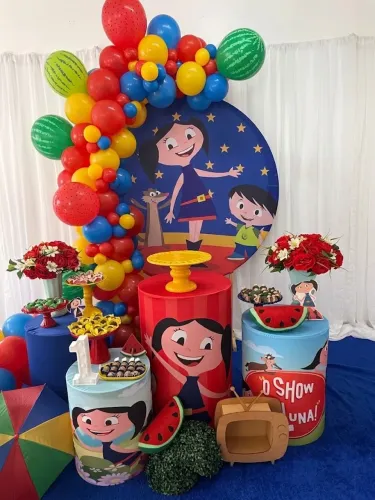 Kit Painel Festa Redondo 1,50x1,50 Com Trio Capas De Cilindros O Show Da Luna