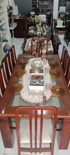 Mesa 8 lugares madeira com tampo de vidro ENTREGA GRATIS