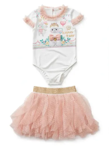 Conjunto Petit Cherie Original Tam 3 - Body Lhama Happy B Day + Saia Tule Rosa 
