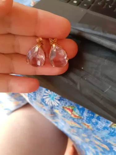 BRINCO GOTA BANHADO A OURO 18K COM CRISTAIS LUXO ROSA GRANDE