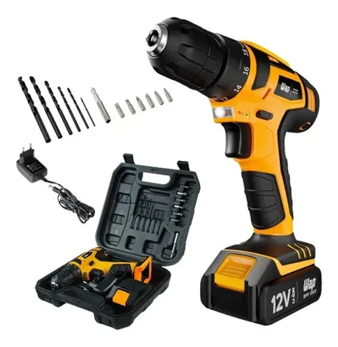 Parafusadeira Furadeira Profissional Wap sem fio 12V 10mm + 14 acessórios + Maleta
