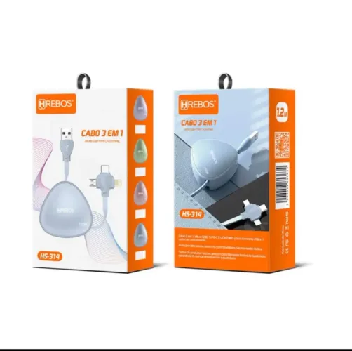 Cabo 3 em 1 para Celular - Micro USB, Type-C e Lightning - 1,2m
