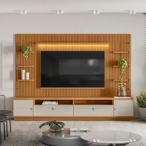 sala rack bancada home painel ripado