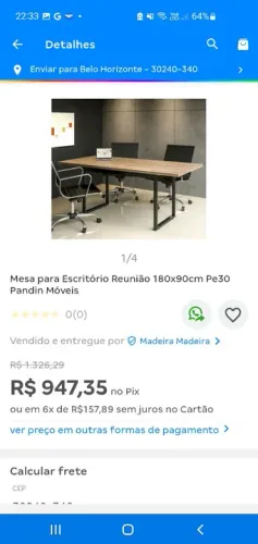 Mesa para Escritório Reunião 180x90cm Pe30