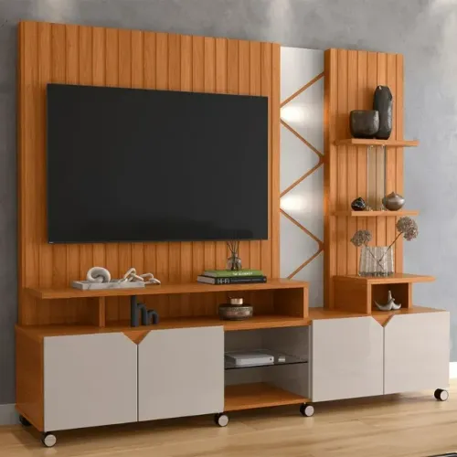 "Sofisticação em Cada Detalhe: Estante Home Croos com LED, Rodízios e Acabamento Freijó Fr