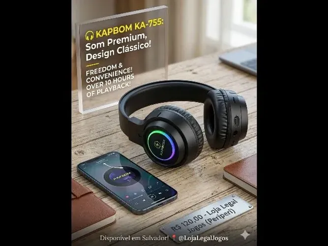 Fone Bluetooth Kapbom KA-755 - Som Potente e Estilo Premium (Novo)