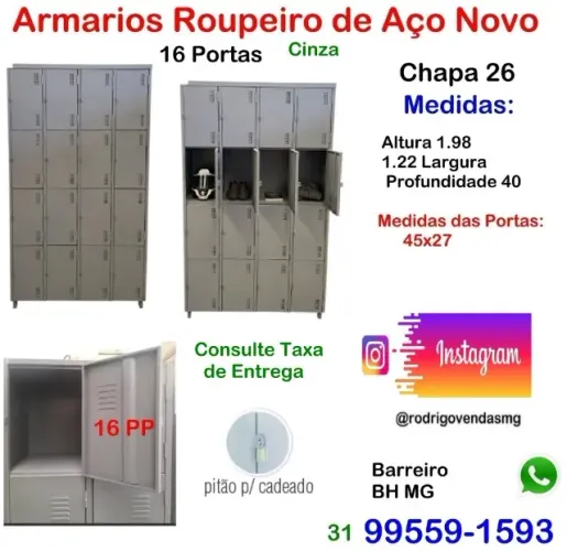 Armario de Aço 16 Portas Roupeiro Vestiário Clube Guarda Volume Comercio escaninho auto