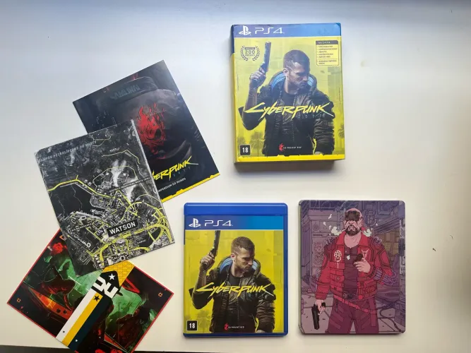 Edição de Lançamento do Cyberpunk 2077 para PS4, o Steelbook (estojo de metal) exclusivo.