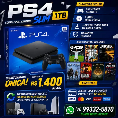 PlayStation 4 slim 1TB, incluso FC 26 GTA 6 c/ 1 manete R$ 1.400 Reais
