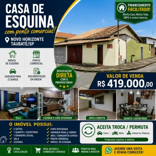 Casa de Esquina + Ponto Comercial | 2 Suítes | Aceita Financiamento e Troca - Taubaté