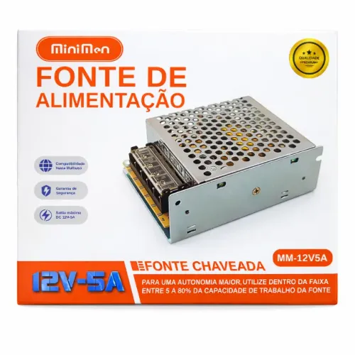 Fonte Chaveada MiniMen MM-12V5A 12V 5A 60W Bivolt para CFTV Fita LED caixa de som pode ret