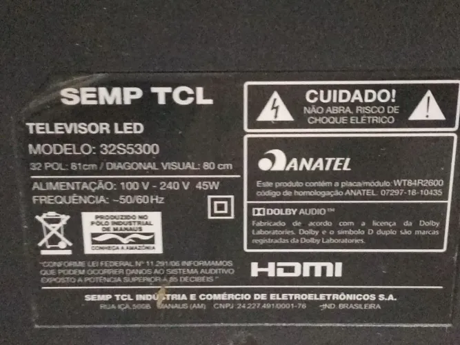 display da TV sempre tcl 32 polegadas