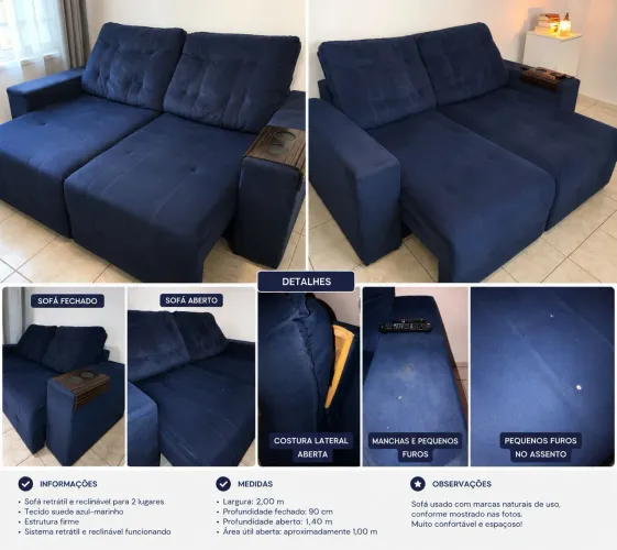 Sofá Retrátil e Reclinável - Azul Marinho