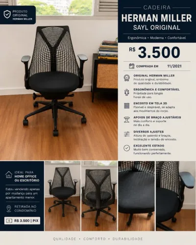 Herman Miller: Cadeira Herman Miller Sayl Original - Ergonômica Preta