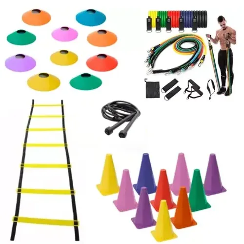 Kit Treino Funcional Escada 10 Cones 10 Chapéu Chinês Kit 11 Elásticos Fitness z1537