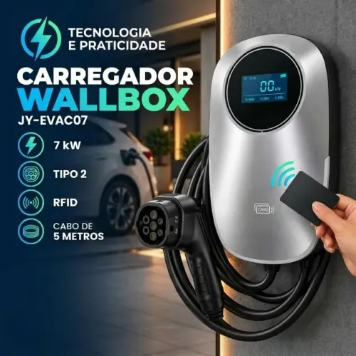 Carregador Wallbox 7kW 32A Tipo 2 para Carro Elétrico / Híbrido IP56 - Modelo JY-EVAC07