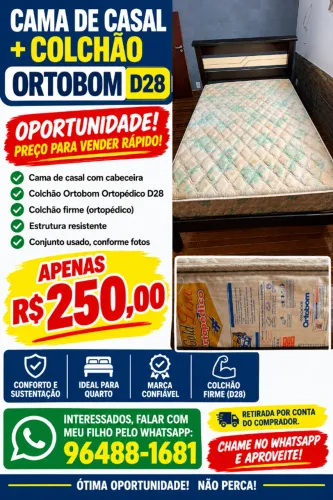 Cama de Casal + Colchão Ortobom Ortopédico D28 - R$ 250
