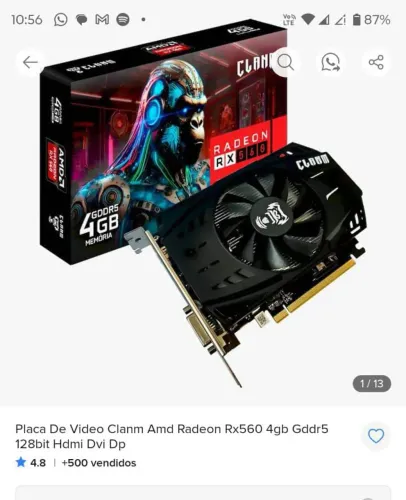 PLACA DE VÍDEO AMD RX560 4GB GDDR5 128BIT