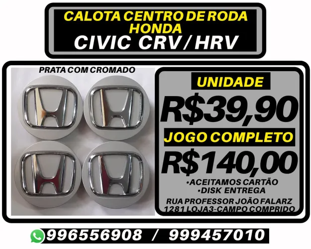 Calota centro de roda Honda Civic Crv Hrv Wrv. R$39,90 a unidade. Disk entrega 