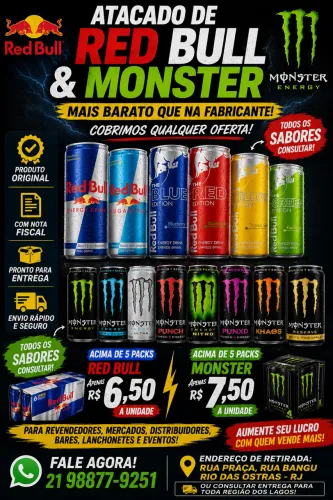 RED BULL E MONSTER ATACADO | TODOS OS SABORES | ORIGINAL C/ NOTA FISCAL 