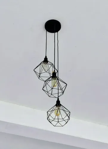 Lustre Pendente Aramado Triplo Diamante Preto