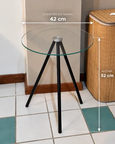 Mesinha de Canto Tampo em Vidro Temperado e Pés Pretos em pintura eletrostática