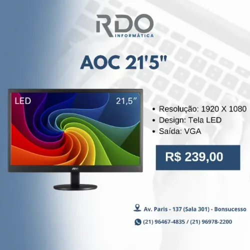 Monitor AOC 21,5? LED Full HD 1920x1080 VGA - Alta qualidade e desempenho!