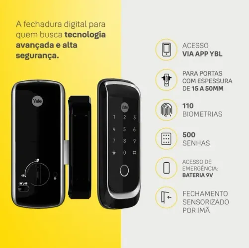 Fechadura Digital Yale YBL410 BIO Preto e Cromado Sobrepor Senha, Biometria e Bluetooth