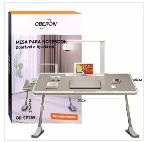 Mesa para Notebook Dobrável 70x45cm com Lâmpada LED e Slot para Celular para Cama, Sofá