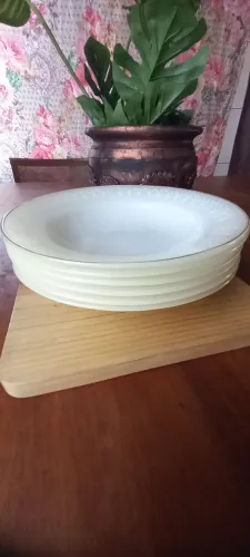 Conjunto 6 Pratos Fundos TermoRey Opalina Gravatinha - Jogo Vintage Anos 70 Impecável