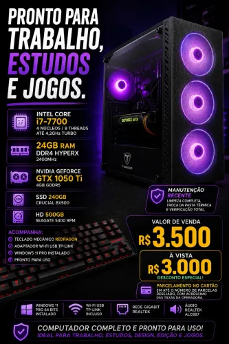 PC Gamer i7-7700 24GB GTX 1050 Ti SSD + HD + Teclado Mecânico