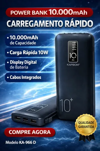 Carregador Portátil Power Bank Kapbom KA-966D 10.000mAh - Novo / Lacrado