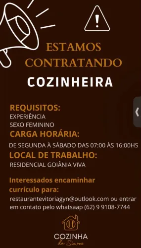 Contrata-se, cozinheira com experiência (Goiânia viva)