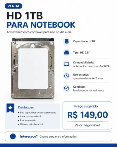 HD Para notebook 1TB usado e conservado