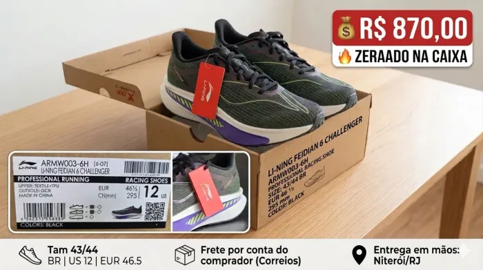 Tênis Li-Ning Feidian Challenger Preto ? Tamanho 43/44 BR (Com Placa de Carbono)