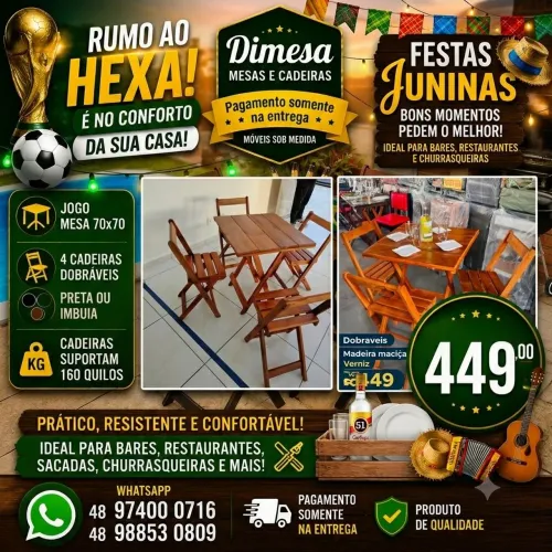 Jogo 70x70 madeira maciça verniz 