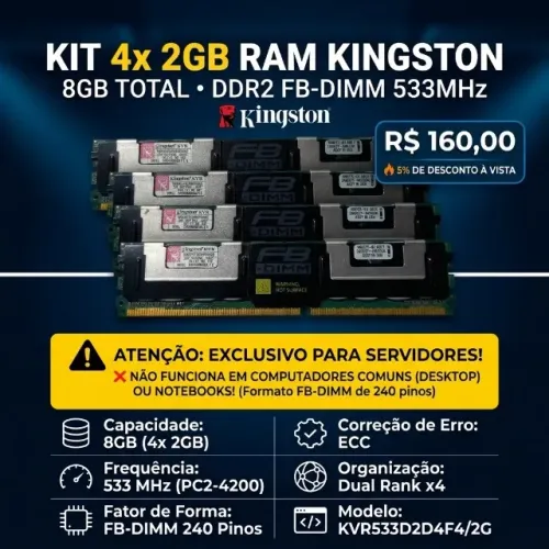 Kit 4x 2gb (8gb) Memória Servidor DDR2 533mhz FB-DIMM ECC